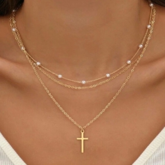 Heavy Layered Cross Imitation Pearl Elegant Necklace